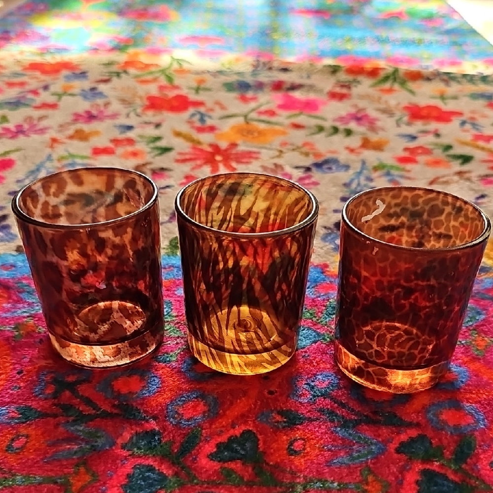 Set Of 3 Animal Print Amber Glass Votive Candle Holders